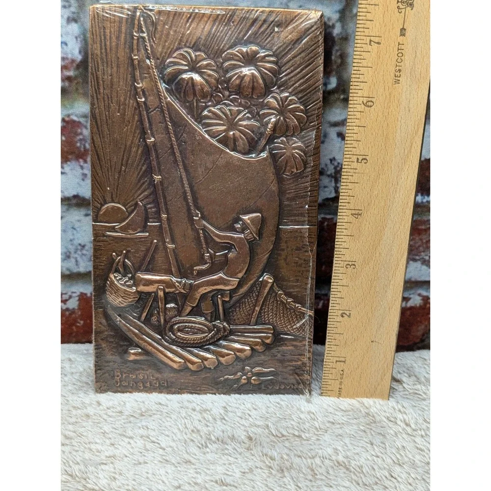VTG Ludovico Brasil Jangada Embossed Copper Wall Plaque Fisherman Boat Artwork